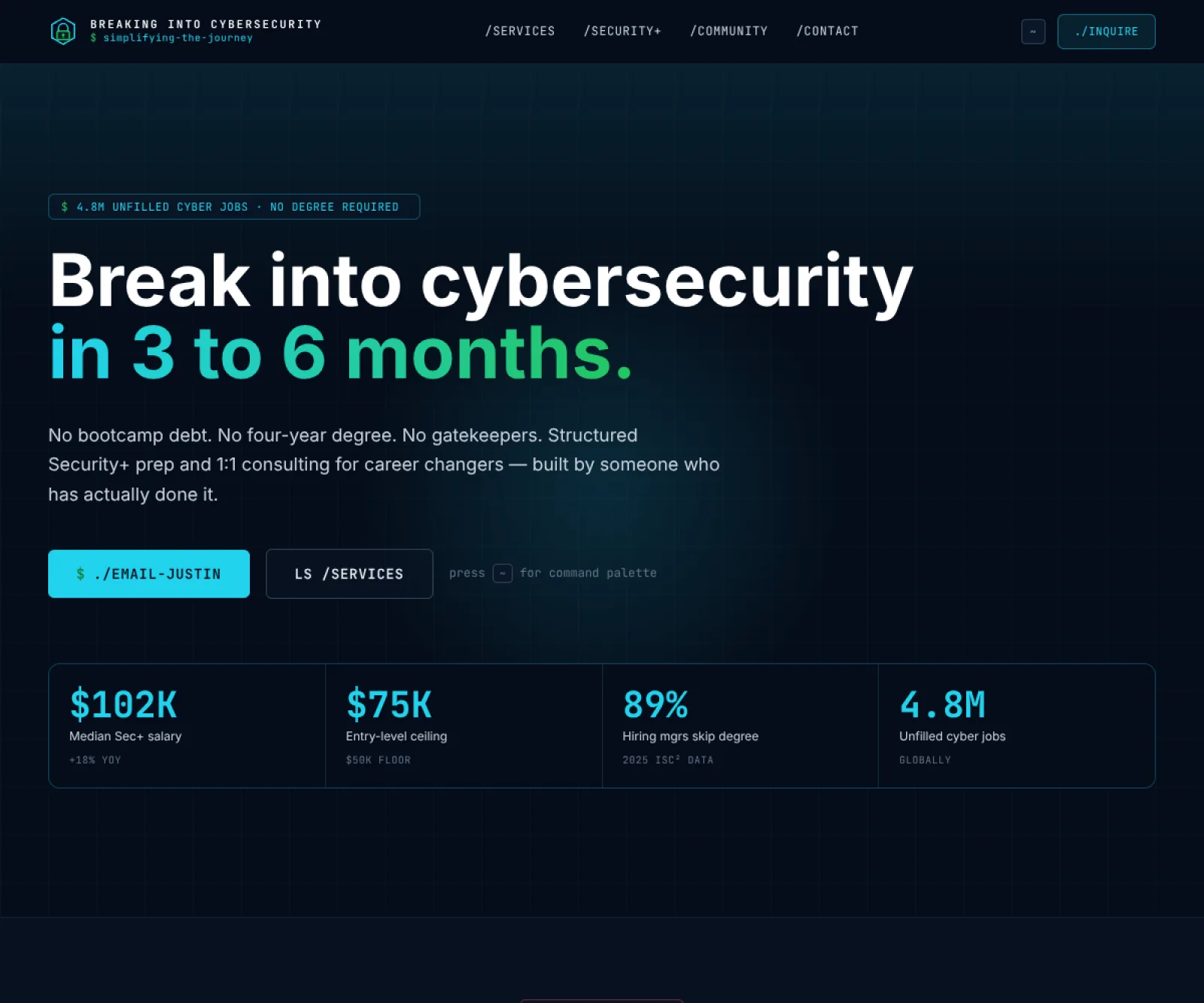 Breaking Into Cybersecurity website screenshot